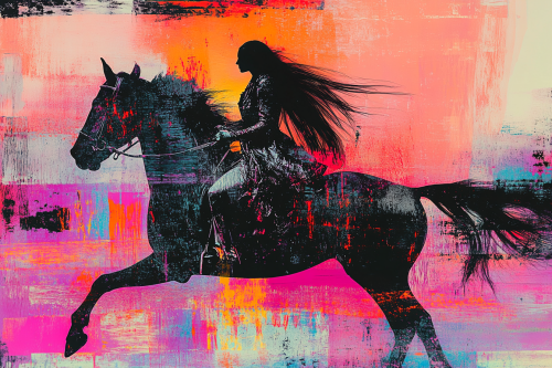 A woman on horse galloping in black-white glitch art