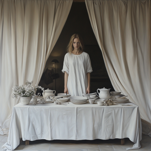 A woman standing at a set table painting