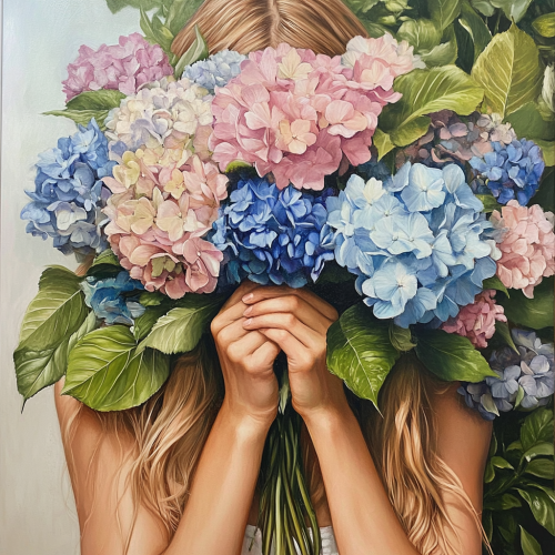 A woman with flowers covering her face