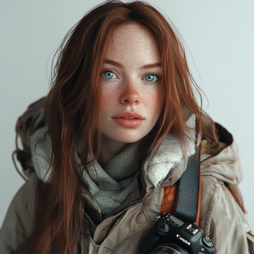 A woman with long hair and blue eyes.