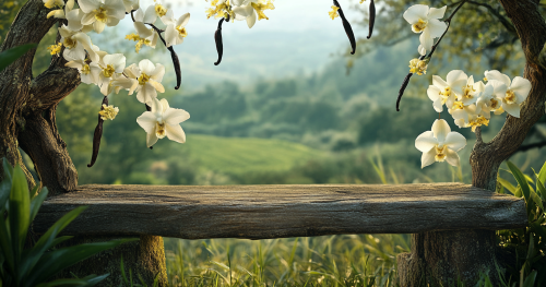 A wooden bench surrounded by blooming vanilla orchids