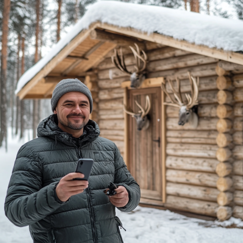 A wooden house with deer antler handle