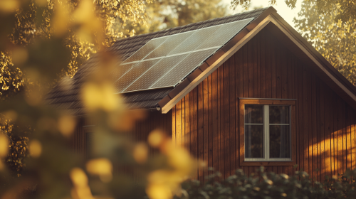 A wooden house with solar panels on roof