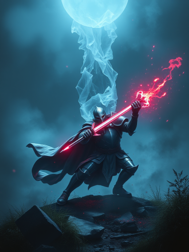 A wounded knight in a colorless magical land.