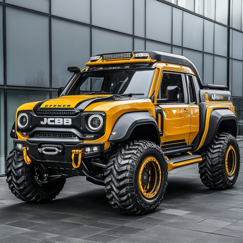 A yellow 4x4 JCB enters large truck space.