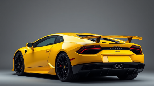 A yellow Lamborghini in 2025 against grey backdrop.