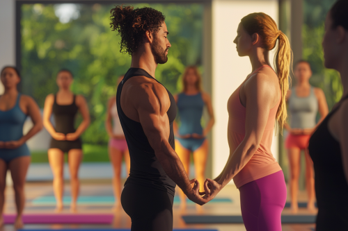 A yoga class with students focusing on balance
