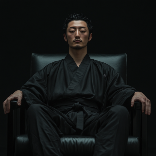A young Japanese man sitting on leather sofa