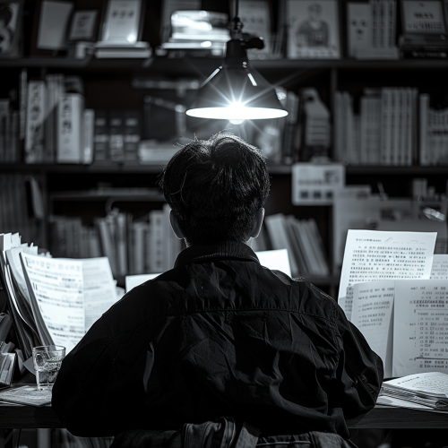 A young Korean man studying late at night