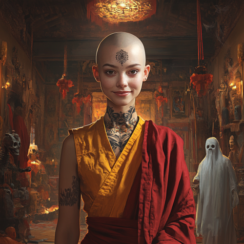 A young bald woman in colorful robes meditates