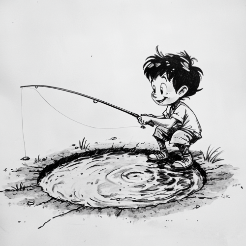 A young boy fishing with joy in pothole