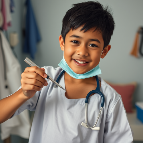 A young boy playing doctor with thongs.