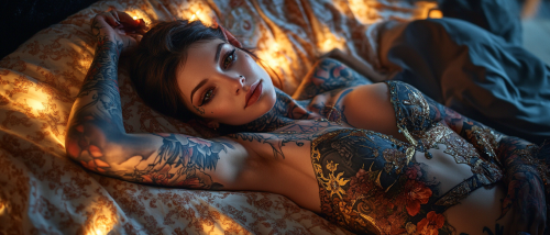 A young elf with tattoos in a bed