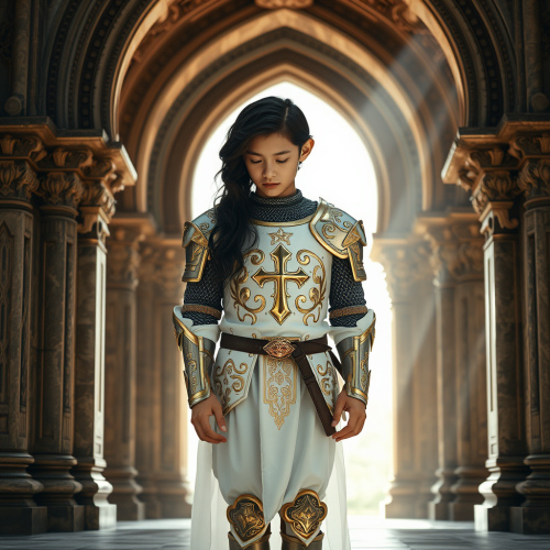 A young knight in white armor contemplates quietly.