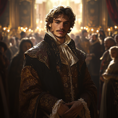 A young man in a king's chamber shimmering water arms