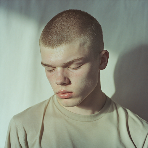 A young man in a t-shirt, looking down