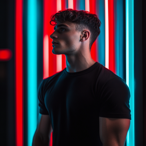 A young man in black t-shirt under neon lights