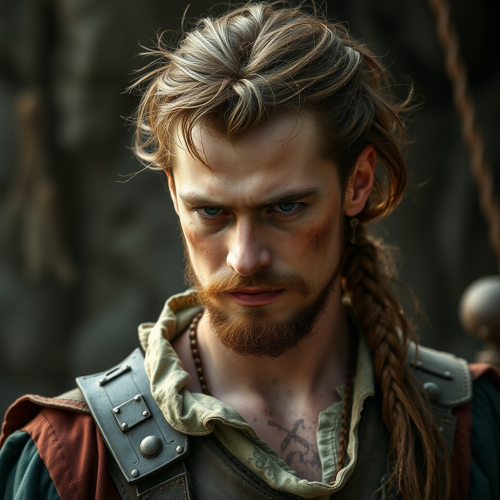 A young pirate with brown hair and facial hair