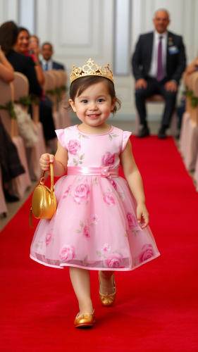 A young princess walks on red carpet.