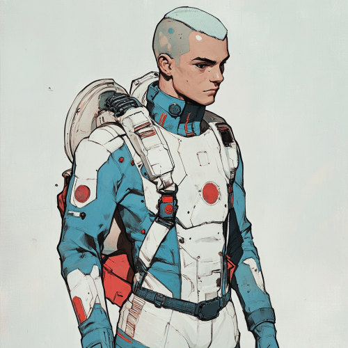 A young space mechanic in blue overalls suit
