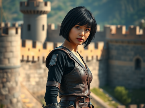 A young woman in Conan outfit near fortress.