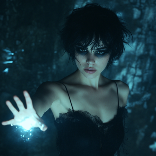 A young woman in black casts magic spell