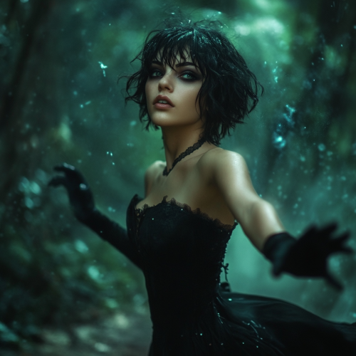 A young woman in black dress fights monsters