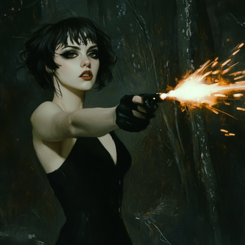 A young woman in gothic dress fights monster