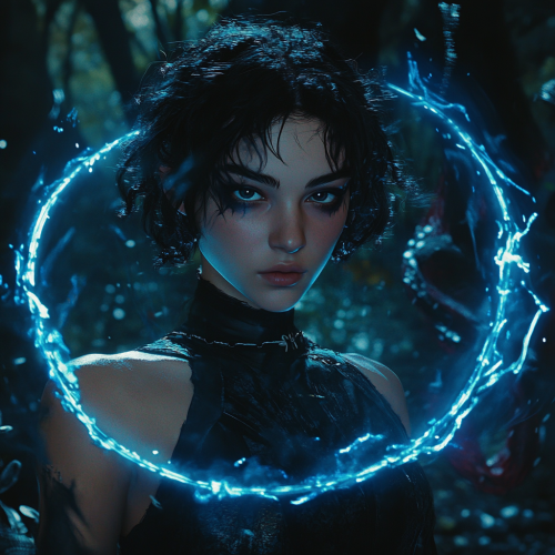 A young woman with black magic, surrounded by monsters