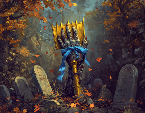 A zombie hand with rake among tombstones