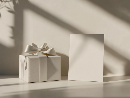 A5 Mockup Next to a Wrapped Gift Box