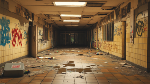 Abandoned French apartment block with disheveled individuals