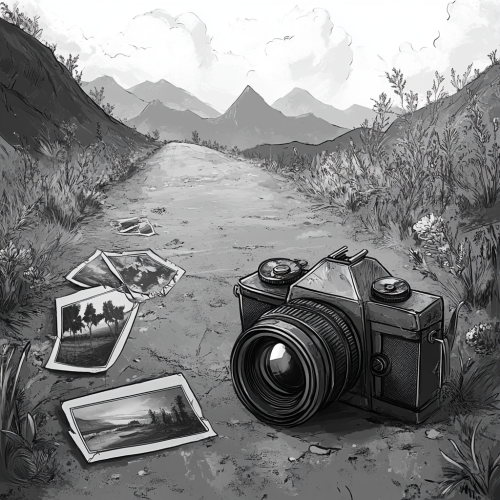 Abandoned camera on dusty road with exotic photos