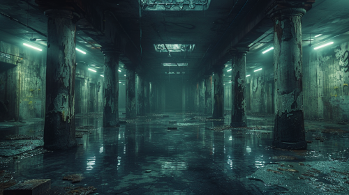 Abandoned factory basement with broken machinery, rusted pipes.