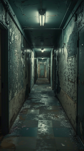 Abandoned haunted hallway with eerie shadows, whispers, dimness