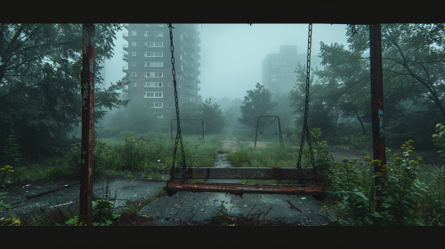 Abandoned urban park with rusted swings, broken paths.