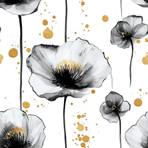 Abstract Poppies Pattern with Golden Splashes