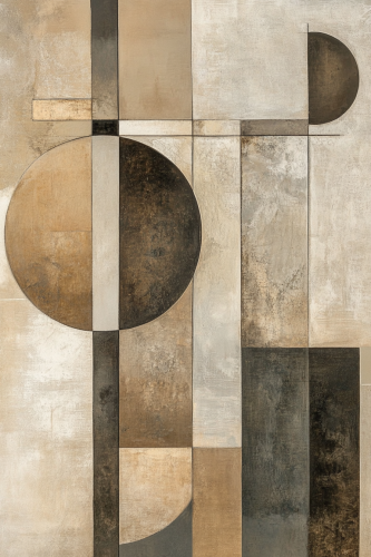 Abstract art with rectangles, circles in soft neutrals.
