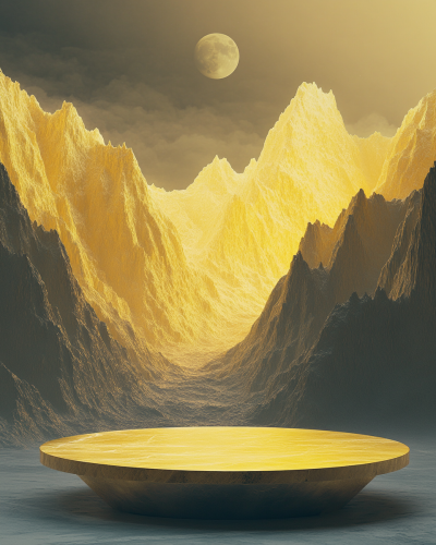 Abstract mountains in yellow and gold with moonlight, oval platform.