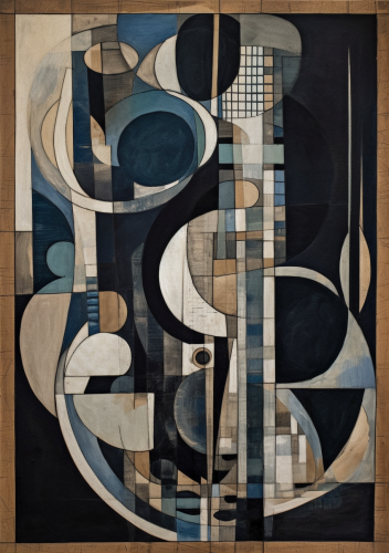 Abstract painting in black, dark blue, beige tones.