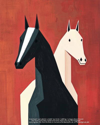 Abstract painting of two horses on red-brown background.