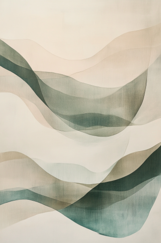 Abstract painting with gentle curves of hills and waves.