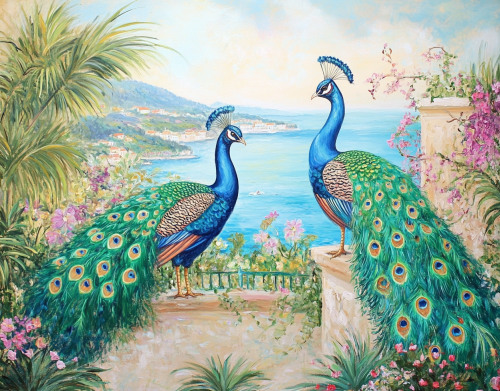 Acrylic painting of two peacocks in a garden.