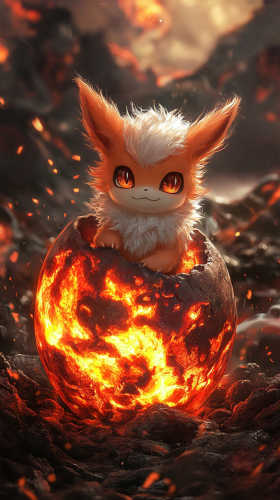 Adorable baby Vulpix hatches from fiery egg. Volcanic background.