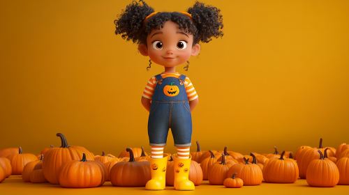 Adorable little girl in pumpkin patch outfit, facing camera.