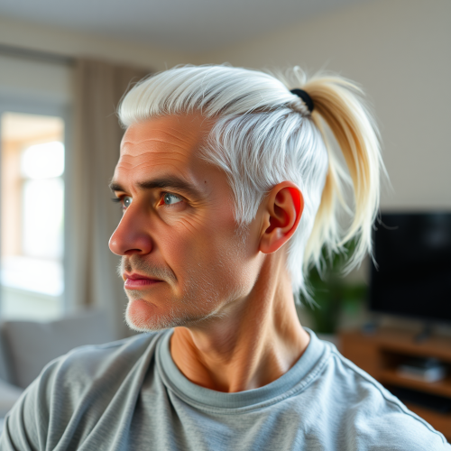Adult Man with Long White Hair in Living Room