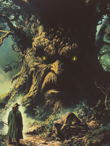 Adventurer finds evil oak tree in ancient forest clearing.