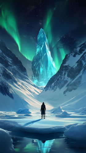 Adventurer on ice floe, northern lights illuminate majestic landscape.