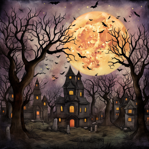 Adventurers approach haunted mansion in misty forest. Adventurers approach haunted mansion in misty forest.