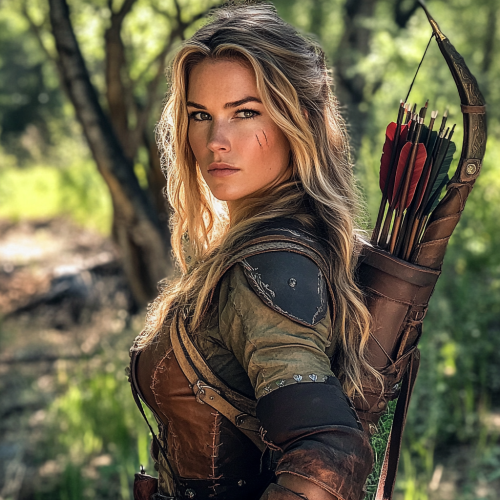 Adventurous woman in 30s with bow and sword.